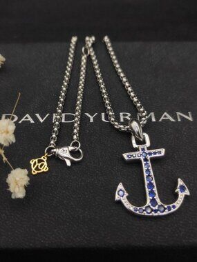 David Yurman 925 Silver Sapphire Anchor Necklace with Original Pouch